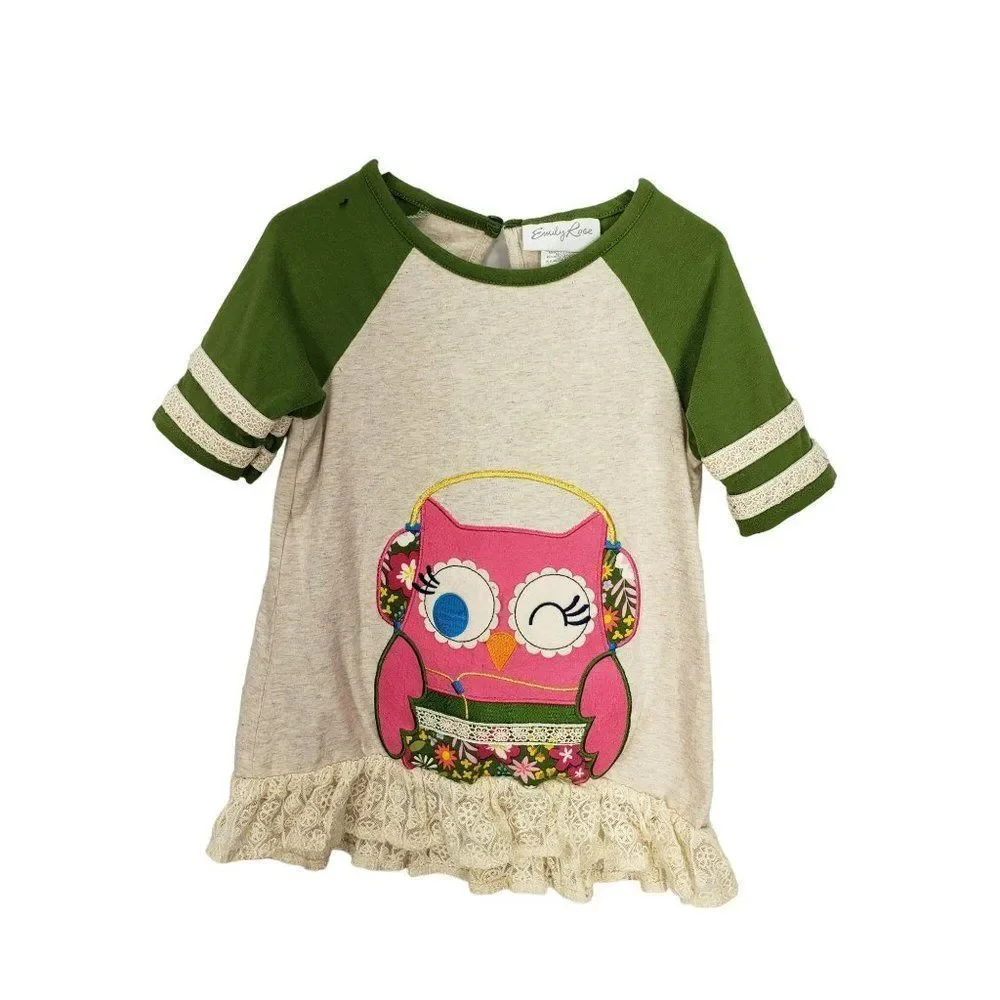 Emily Rose Girls Size 6 Owl Raglan Lace Ruffle Short Sleeve Shirt‎ Oatmeal Green